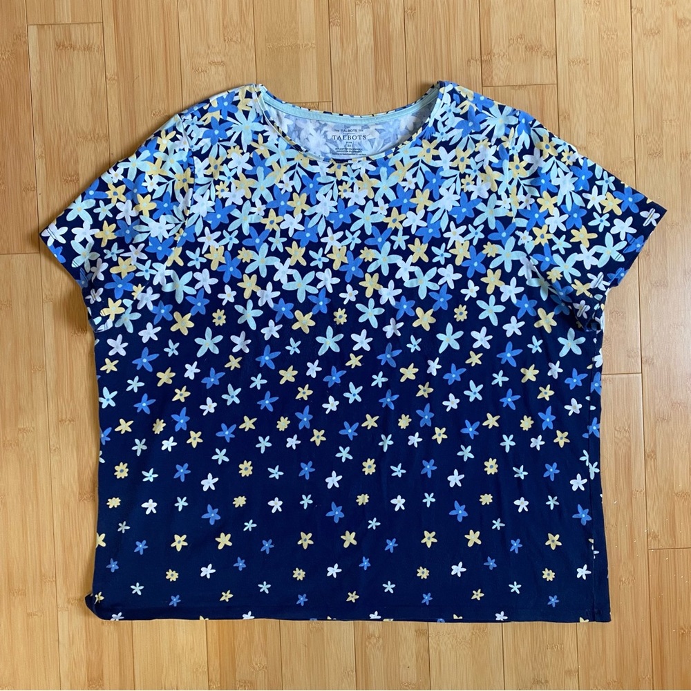 Talbots Tee Plus Size 3x Cotton Blend Blue and Yellow Floral Short Sleeve TShirt